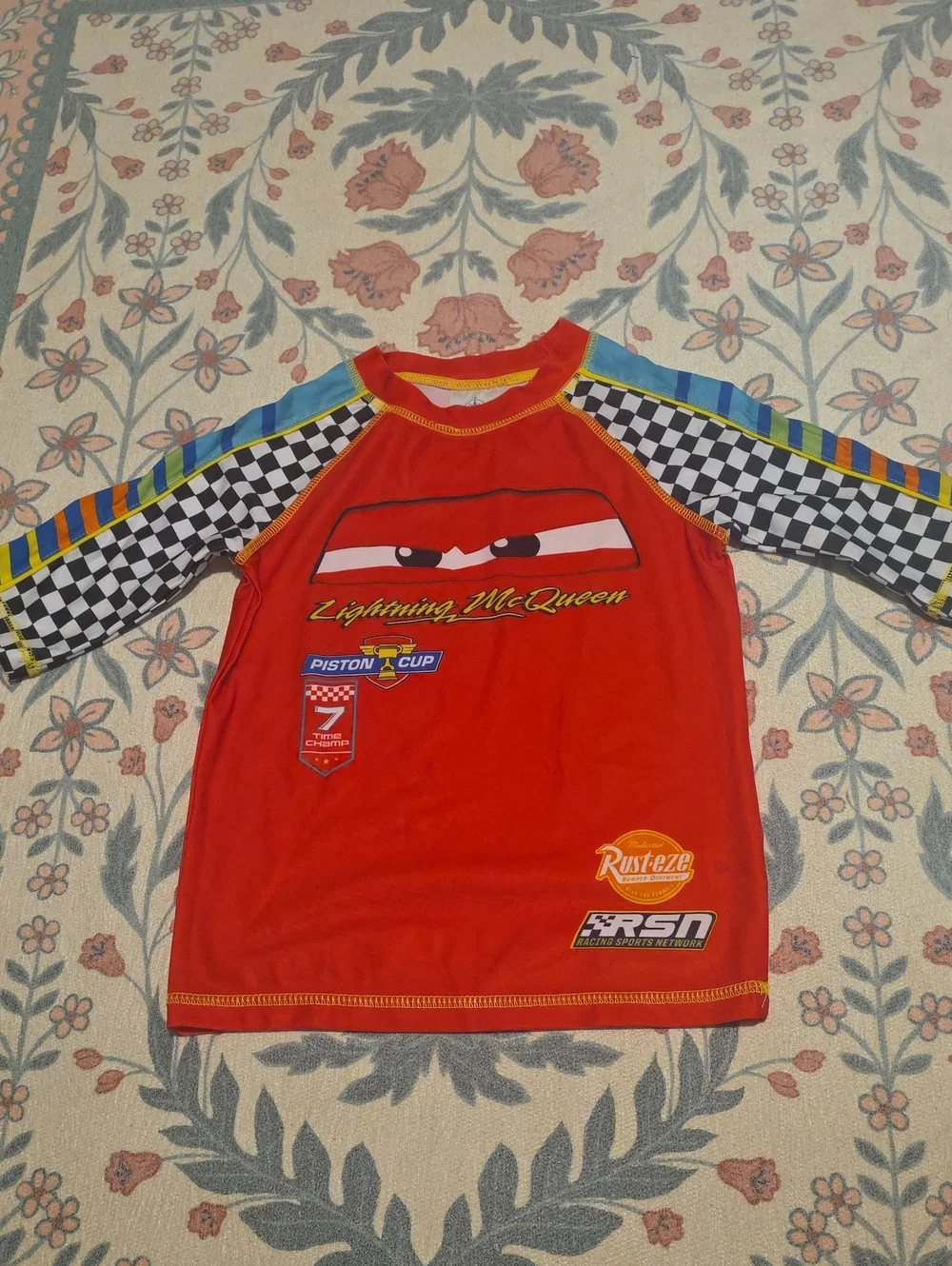 Disney Lightning McQueen Red Racing Tee with Checkered Sleeve Accents Rashguard